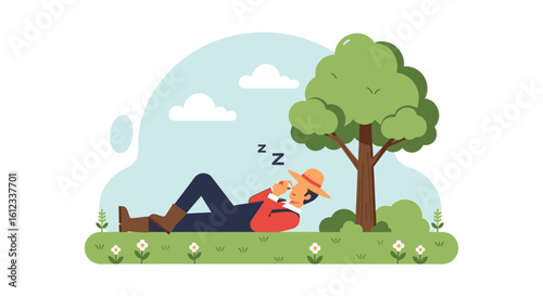 Farmer Taking A Nap Under A Tree After Work During A Summer Day