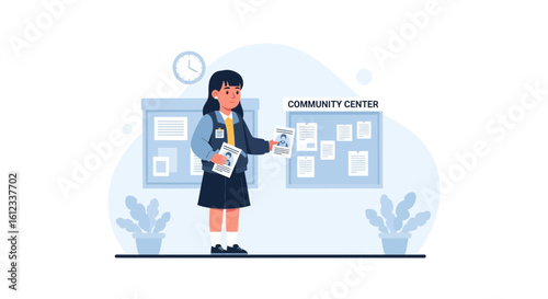 Girl posting flyers at community center, volunteer, poster, bulletin board, light blue illustration, recruitment drive concept design