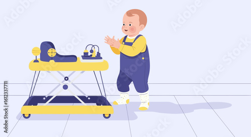 Happy Toddler Playing near Baby Walker for Development and Learning Skills