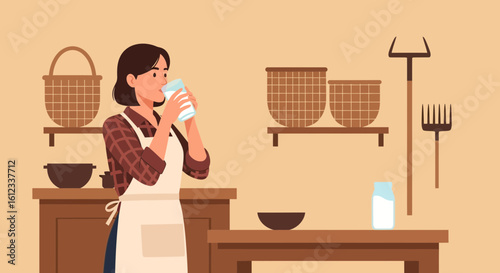 Farmer Woman Drinking Fresh Milk After Working In A Dairy Farm