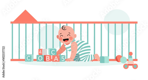 Happy Toddler Playing With Colorful Alphabet Blocks In A Nursery