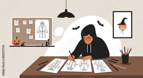 Fashion Designer Creates New Halloween Costume Sketches In Studio Setting