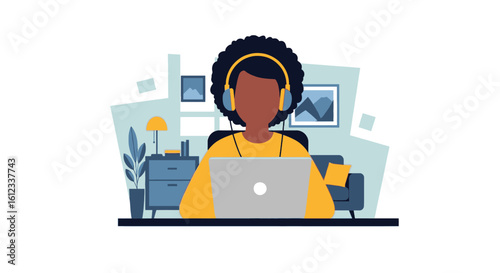Woman working from home on laptop, wearing headphones. Perfect for websites, blogs, and articles about remote work.