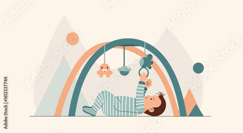 Happy Toddler Reaching For Playful Hanging Mobile Toys During Development Time