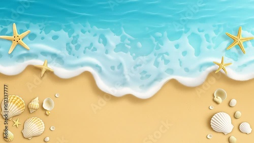 Colorful beach scene featuring golden sand, gentle waves, seashells, and starfish, creating a serene coastal atmosphere with vibrant blue water and natural textures