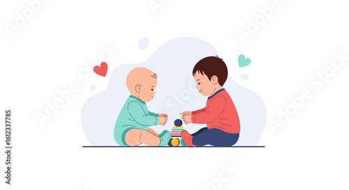 Happy Toddlers Enjoying Educational Toy Blocks Building Together Illustration