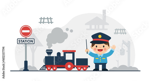 Happy Train Conductor Welcoming Passengers At The Station With A Classic Train