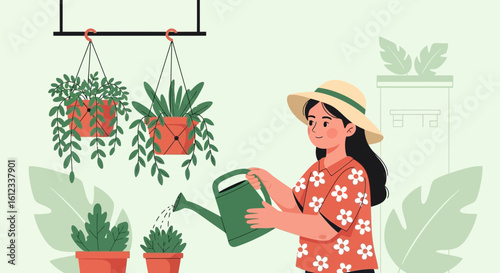 Happy Woman Gardening Indoor with Hanging Plants in a Minimalistic Style
