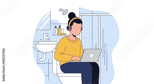 Person working on laptop in bathroom - Illustration for blog, website or social media.