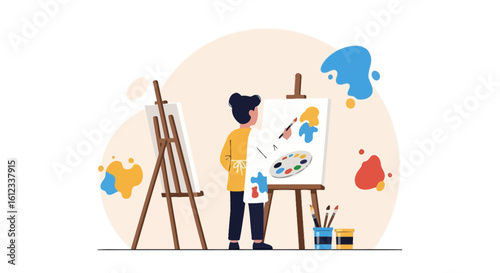 Female Artist Creates Colorful Abstract Paintings In Art Studio Workplace