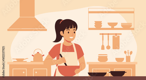 Happy Woman Prepares Meal In Her Kitchen With Utensils And Equipments