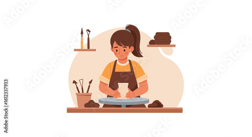 Female Artist Molding Clay on Pottery Wheel In Workshop Studio