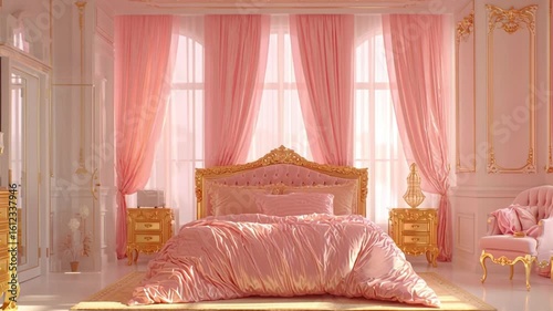 Luxurious Pink and Gold Baroque Style Bedroom with Large Bed, Curtains, and Ornate Furniture