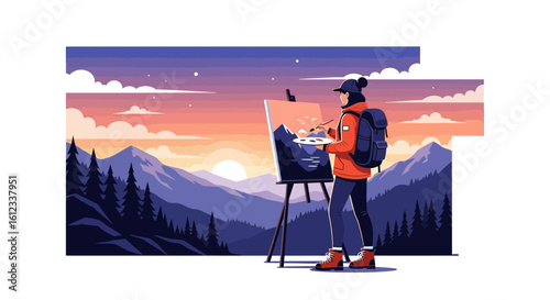Female Artist Painting Mountain Landscape Outdoors With Backpack and Sunset