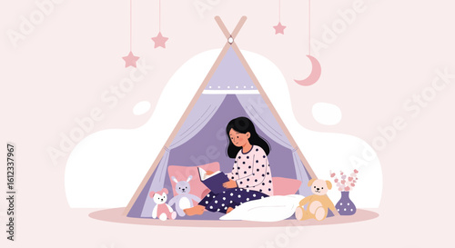 Girl Reads Novel In Cozy Tent With Soft Toys At Home Illustration