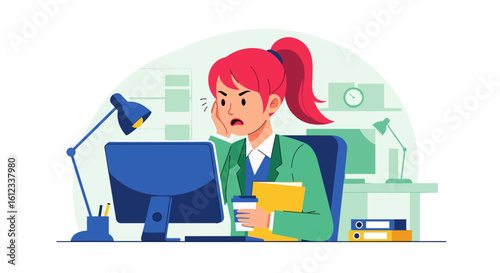 Stressed businesswoman at her desk, perfect for illustrating workplace stress or burnout in articles, presentations, or websites.
