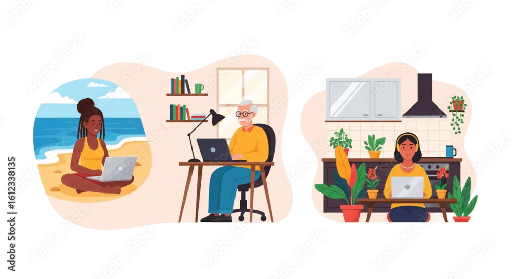 Fototapeta premium Diverse people working remotely: beach, home office, kitchen. Ideal for illustrating flexible work, remote work, digital nomad lifestyle, or work-life balance.
