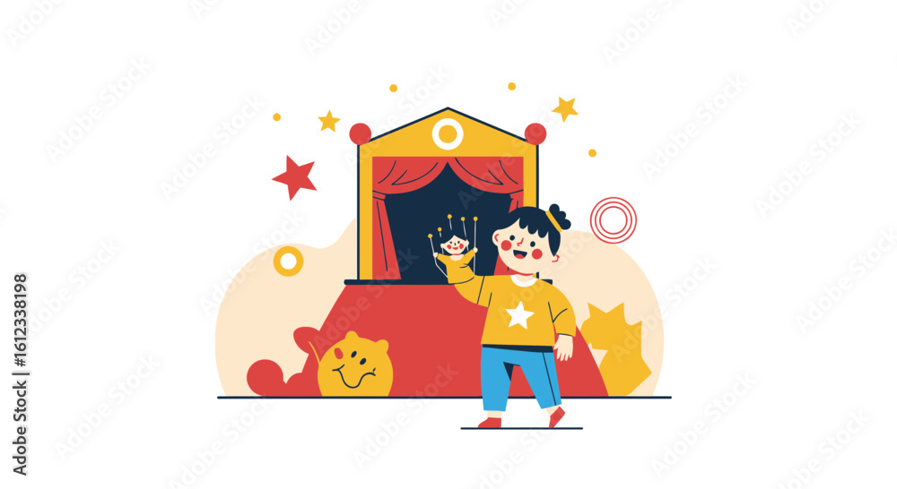 Fototapeta premium Happy Young Girl Enjoying a Hand Puppet Show at Home Performance