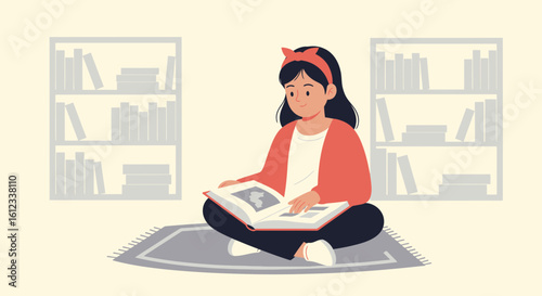 Girl Sitting Cross Legged On A Carpet Reading A Book At Home
