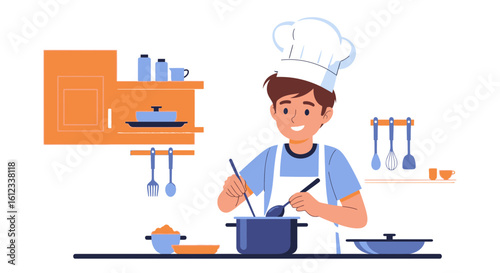 Happy Young Chef Preparing Delicious Meal In A Kitchen Illustration