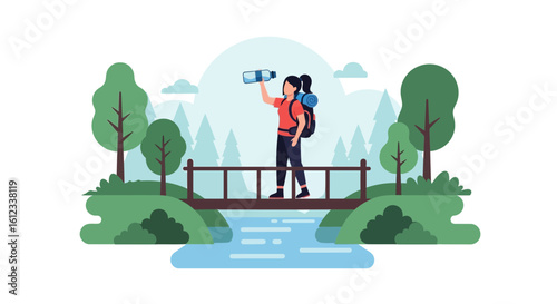 Female Hiker Taking A Break On A Bridge Over A Stream In Nature