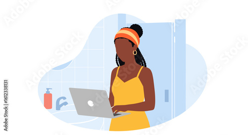 Young Black woman working on laptop in bathroom - perfect for blog, website, or social media.