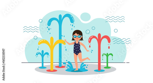 Girl Splashing in Water Fountains Playful Summer Scene at Waterpark