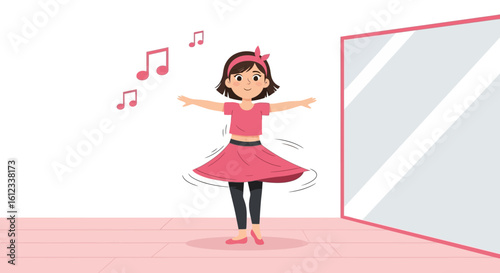 Happy Young Girl Spinning Around In Front Of Mirror With Musical Notes