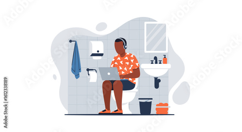 Man working on laptop in bathroom - Illustration for blog post about remote work.