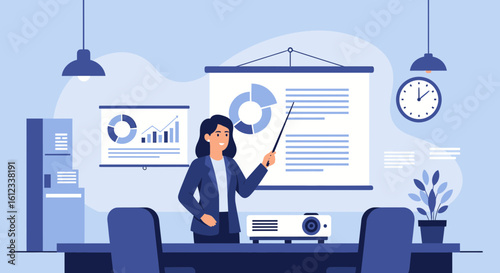 Female Professional Presenting Business Strategy In Corporate Meeting Room