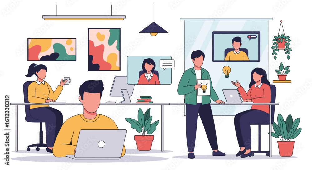 Naklejka premium Modern business team collaborating on a project, perfect for website banners or presentations.