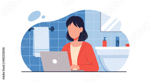 Woman working on laptop in bathroom, perfect for blog posts about work-life balance or remote work.