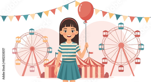 Girl With Balloon Enjoying Fun Festive Day At Local Amusement Park