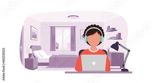 Person working from home on laptop, illustration perfect for remote work blogs or articles.