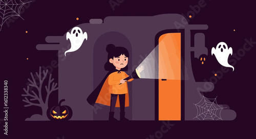 Girl With Flashlight Approaches Mysterious Doorway On Halloween Night