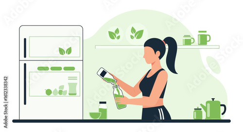 Healthy Lifestyle Woman Preparing Fresh Green Smoothie At Kitchen Illustration