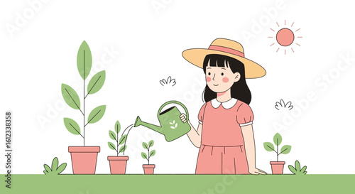 Girl With Hat Caring For Plants, Home Gardening, Springtime Activity, Nature