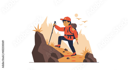 Hiking Adventure Young Man Climbs Mountain With Backpack And Trekking Poles