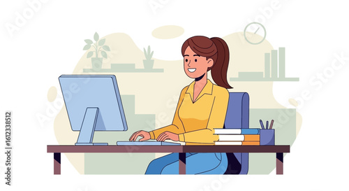 Happy woman working on computer, perfect for website banners or blog posts about productivity and remote work.