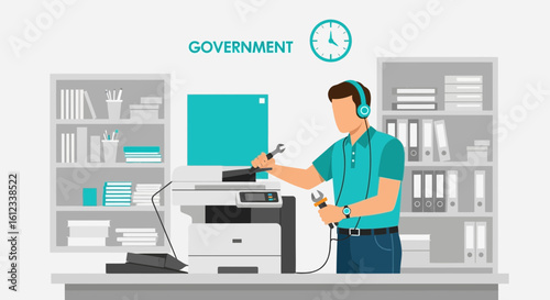 Government Employee Fixing Office Printer While Listening To Music With Headset