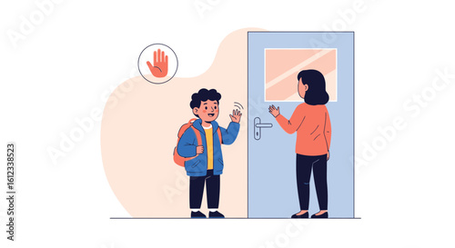 Illustration depicting a child with a backpack waving goodbye to his mother at the door ready for school