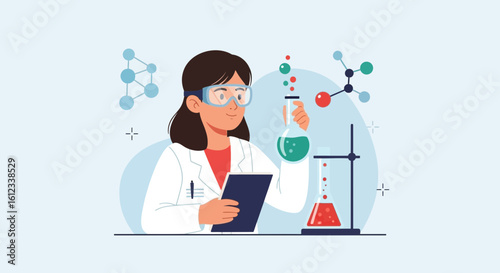 Illustration depicting a female scientist conducting experiment and holding flask in laboratory setting with chemical structure backdrop