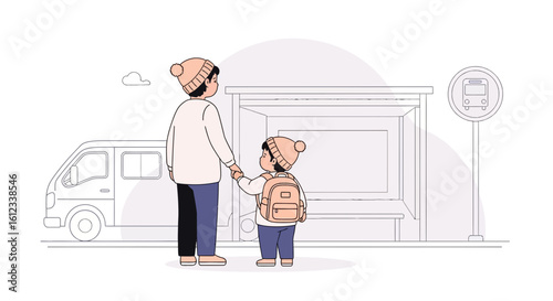 Illustration depicting a parent and child waiting at a bus stop with a cozy vibe minimal