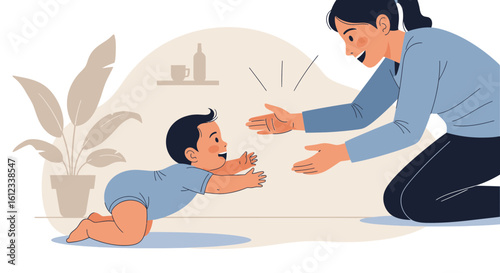 Illustration depicting a mother encouraging her baby to crawl towards her with love