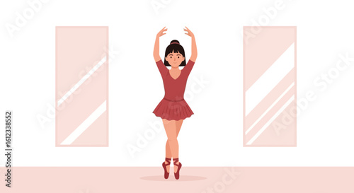 Graceful Ballerina Poses In Front Of Mirror During Ballet Class Practice