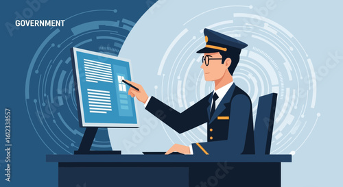 Government Officer Analyzing Digital Data on Computer in Modern Office Space