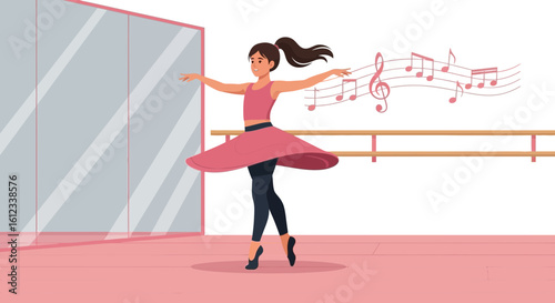 Graceful Ballerina Practicing Ballet Positions With Music Near The Mirror Studio