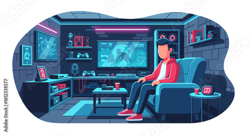 Gamer relaxing in his neon-lit gaming room, perfect for tech blogs or gaming websites.