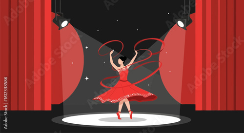 Graceful Dancer In Red Dress Performing With Ribbons Under Spotlights On Stage