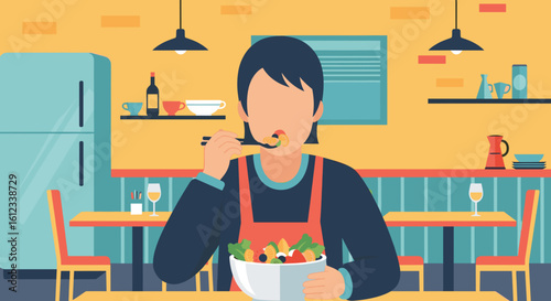 Person enjoying a fresh fruit salad in a restaurant setting. Ideal for healthy eating blogs or restaurant menus.